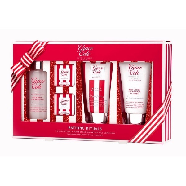 Grace Cole Frosted Cherry Vanilla Bathing Rituals 100ml For Fresh And Hydrated Skin - Set Bath Foam Freshen 100ml + Shower Gel Uplifting 75ml + Body Lotion Luxurious 75ml + Sparkling Tablet 2 X 25 G