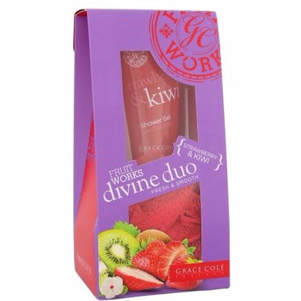 Grace Cole Fruit Works Divine Duo Kit 50ml For Fresh Skin - Set Shower Gel Strawberry Kiwi 50ml + Sponge
